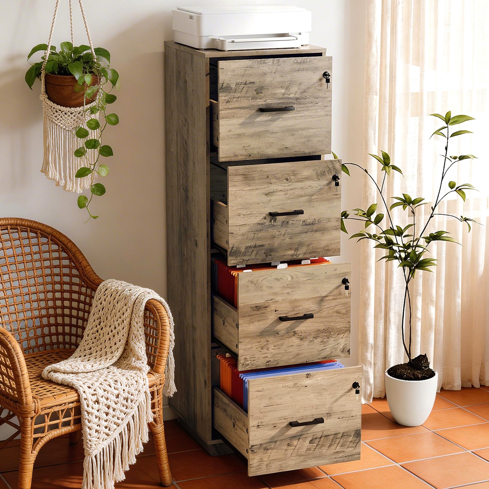 4-Drawer Tall File Cabinet with Independent Locks, Letter-Size Hanging Anti-Tip
