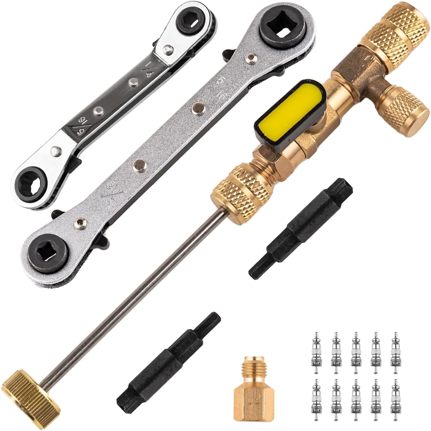 Valve Core Remover Installer Tool and HVAC Service Wrench Set with Hex Bit Adapt
