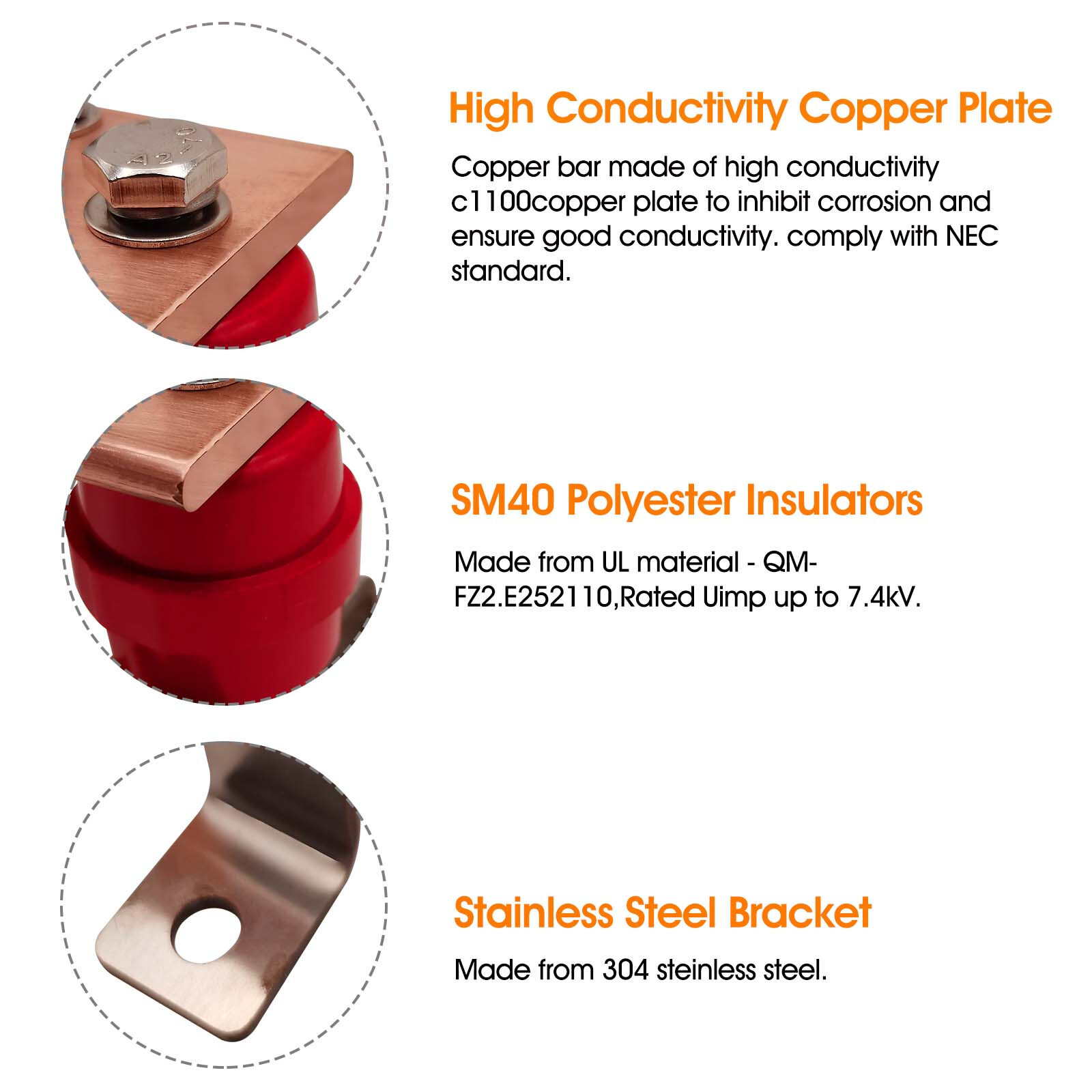 Wall Mount Copper Ground Bar Kit , 10″ Ground Bar with 16 Terminal Positions