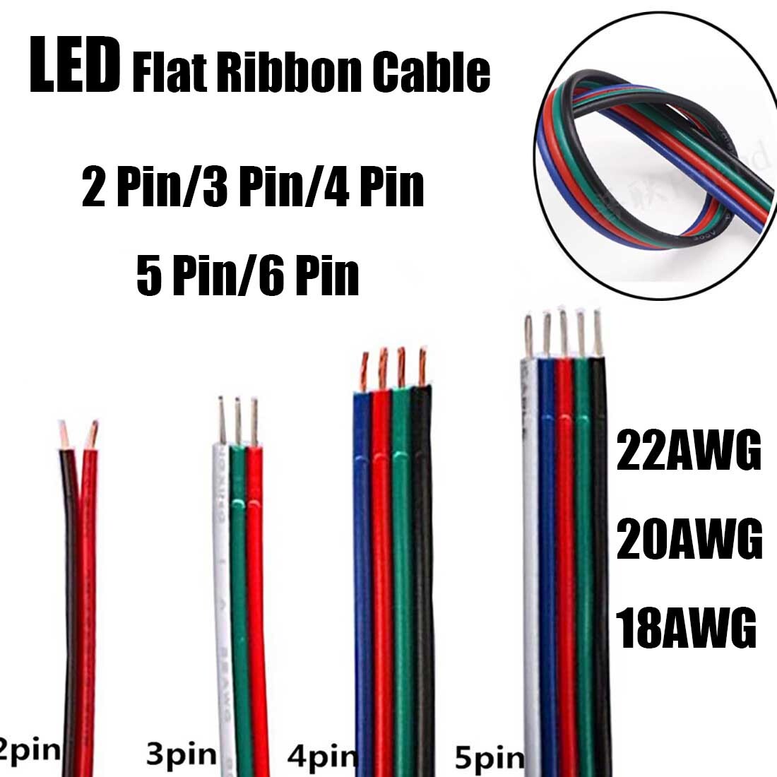 Flat Ribbon Cable 2/3/4/5/6-Way Flexible PVC Extension LED Connector Wire Cable