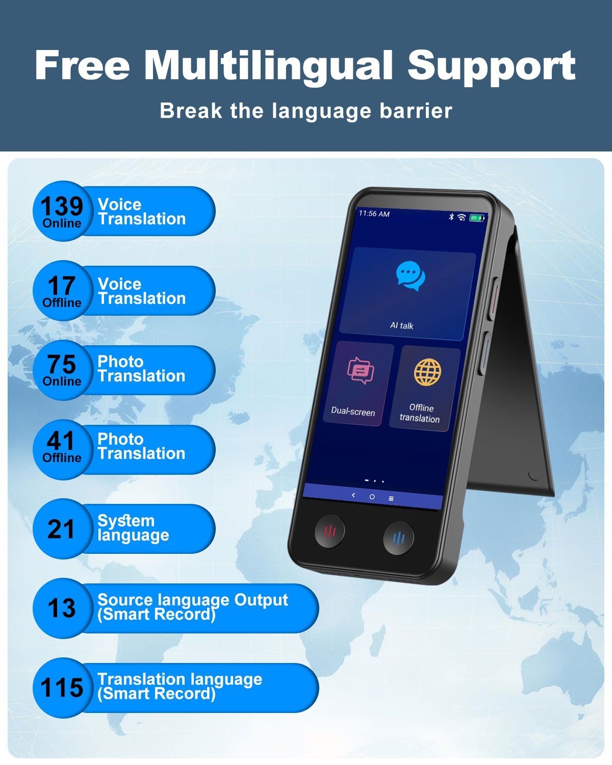 iTour D-Pro AI Dual-Screen Translator, Detachable, Real-Time Voice Translator