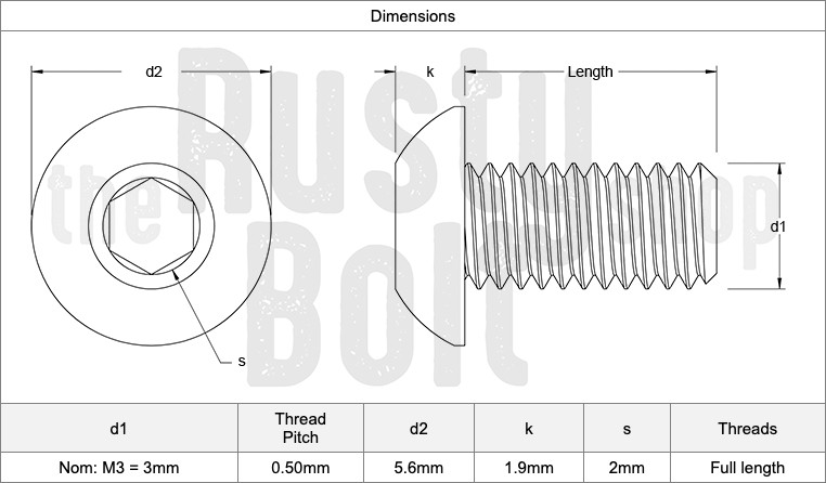 M3 x 3mm, Socket Button Head Screws, 10.9 Steel, Black Oxide