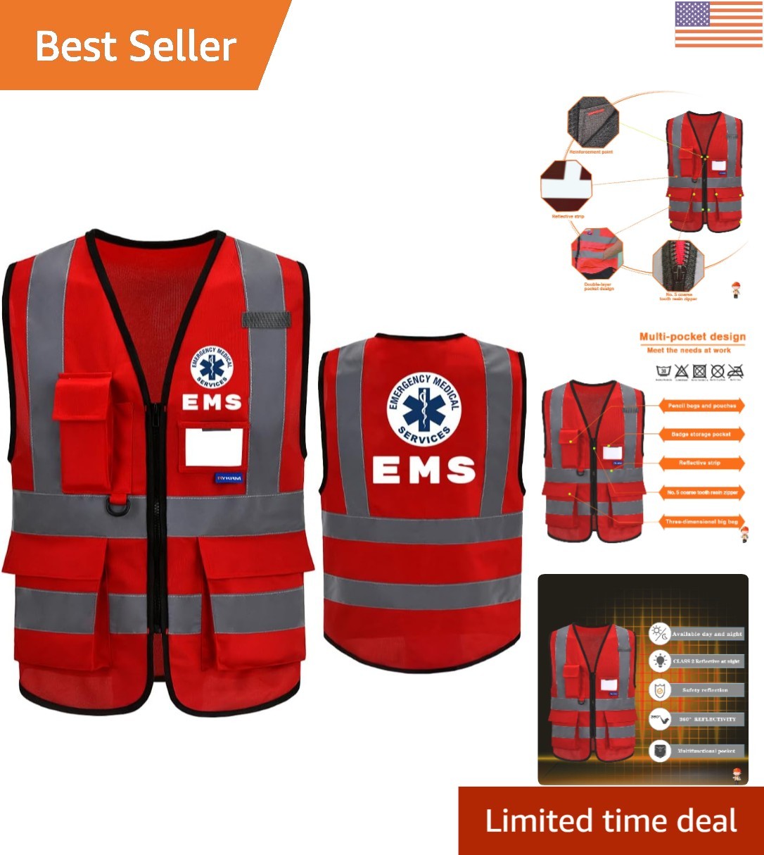 Heavy-Duty Polyester Reflective Vest – 7 Pocket Design for Professionals, Large