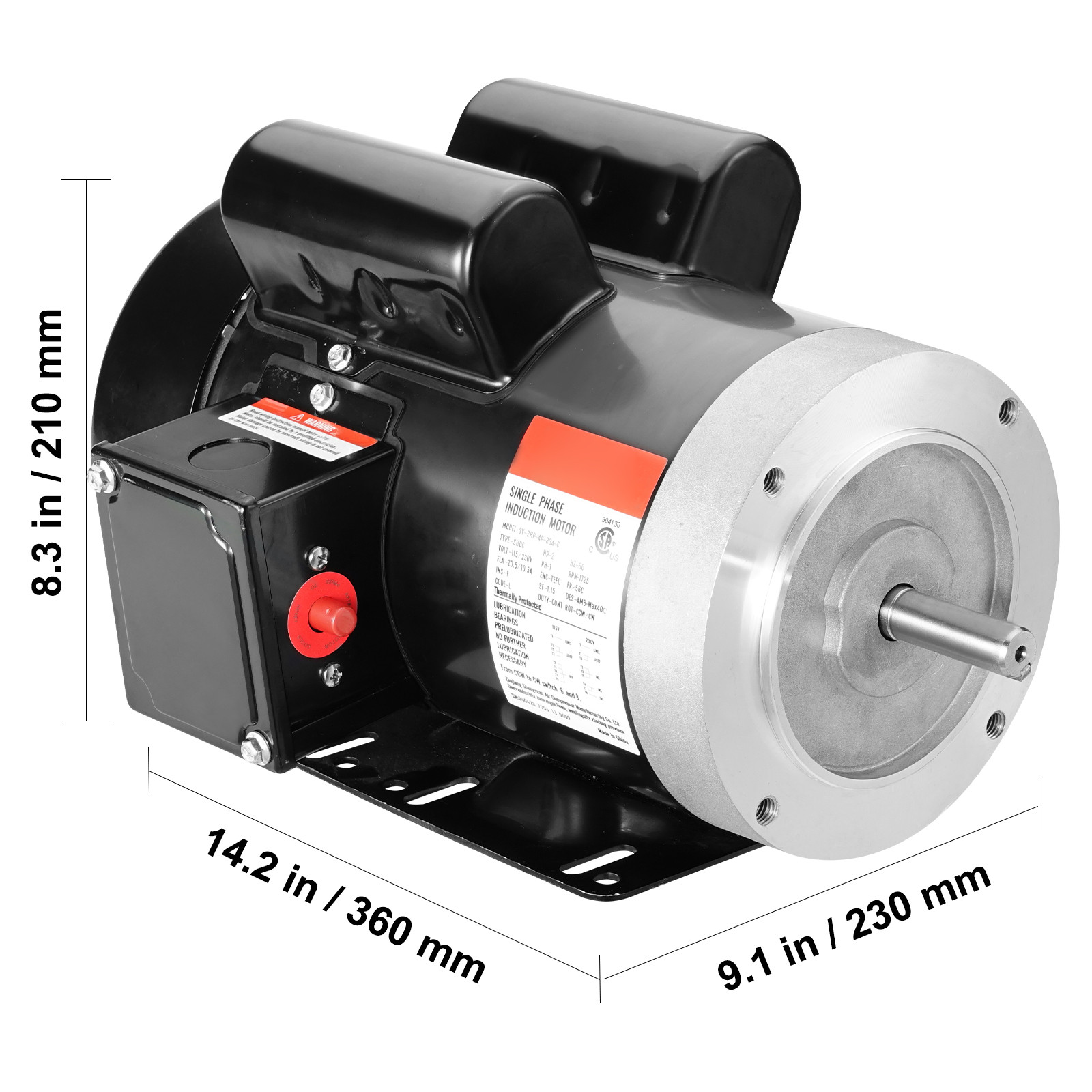 VEVOR 2HP Electric Motor 1725RPM AC 115V/230V 56C Frame 1-Phase 5/8″ Keyed Shaft