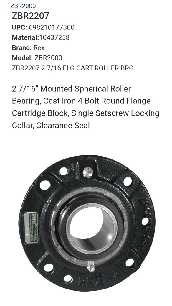 NEW REXNORD ZBR2207 2-7/16 FLG CART MOUNTED SPHERICAL ROLLER BEARING