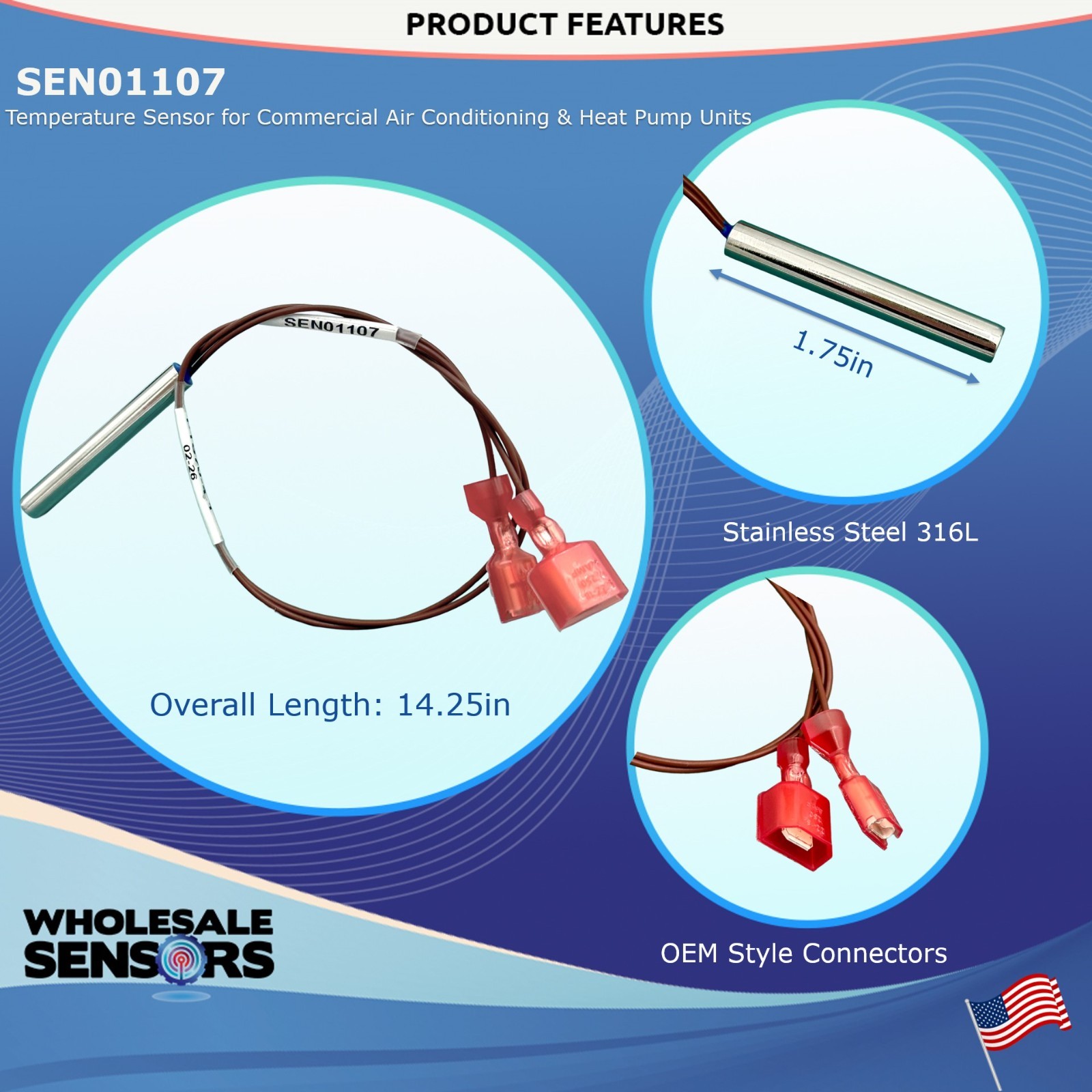 Replacement Trane SEN01107 Thermistor Sensor with 12″ Leads, 12 Month Warranty
