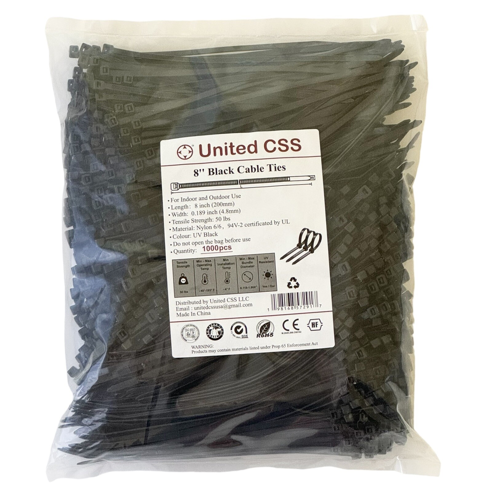 Cable Zip Ties 8 Inch Black, 1000pcs, 50 Lbs Tensile Strength by United CSS