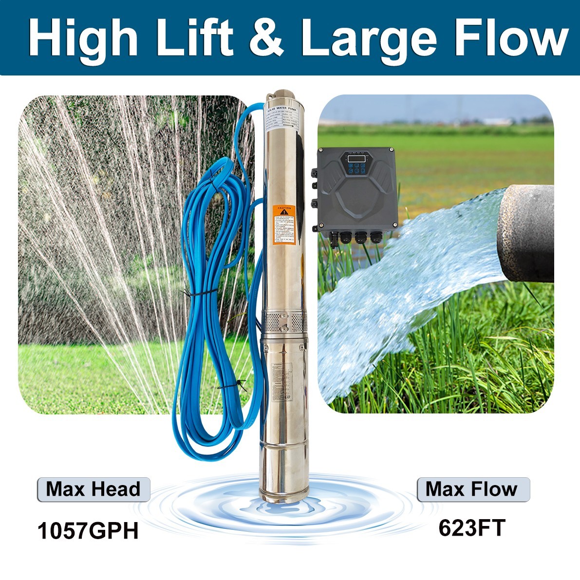 1 HP Deep Well Submersible Pump, 4″ , 207 ft Max 220V 33GPM 2000GPH 33ft Cord
