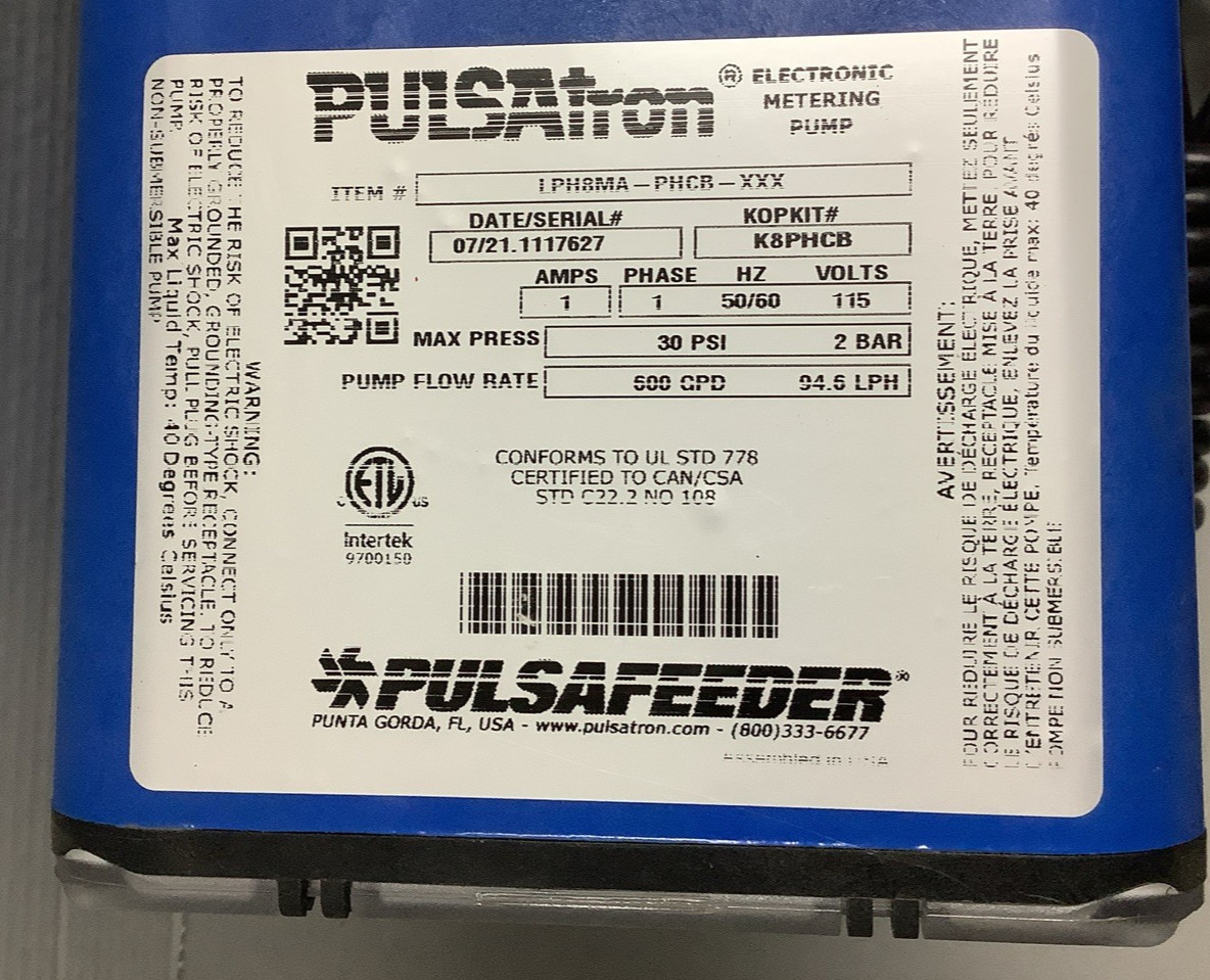 PulsaFeeder Pulsatron LPH8MA-PHCB-XXX Electronic Metering Pump 600GPD 1A (R31)