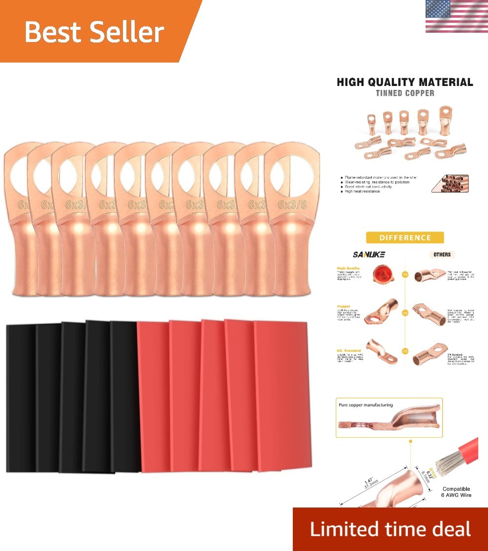 Professional 10pc 3/8″ Copper Wire Lug & Heat Shrink Kit for All Applications