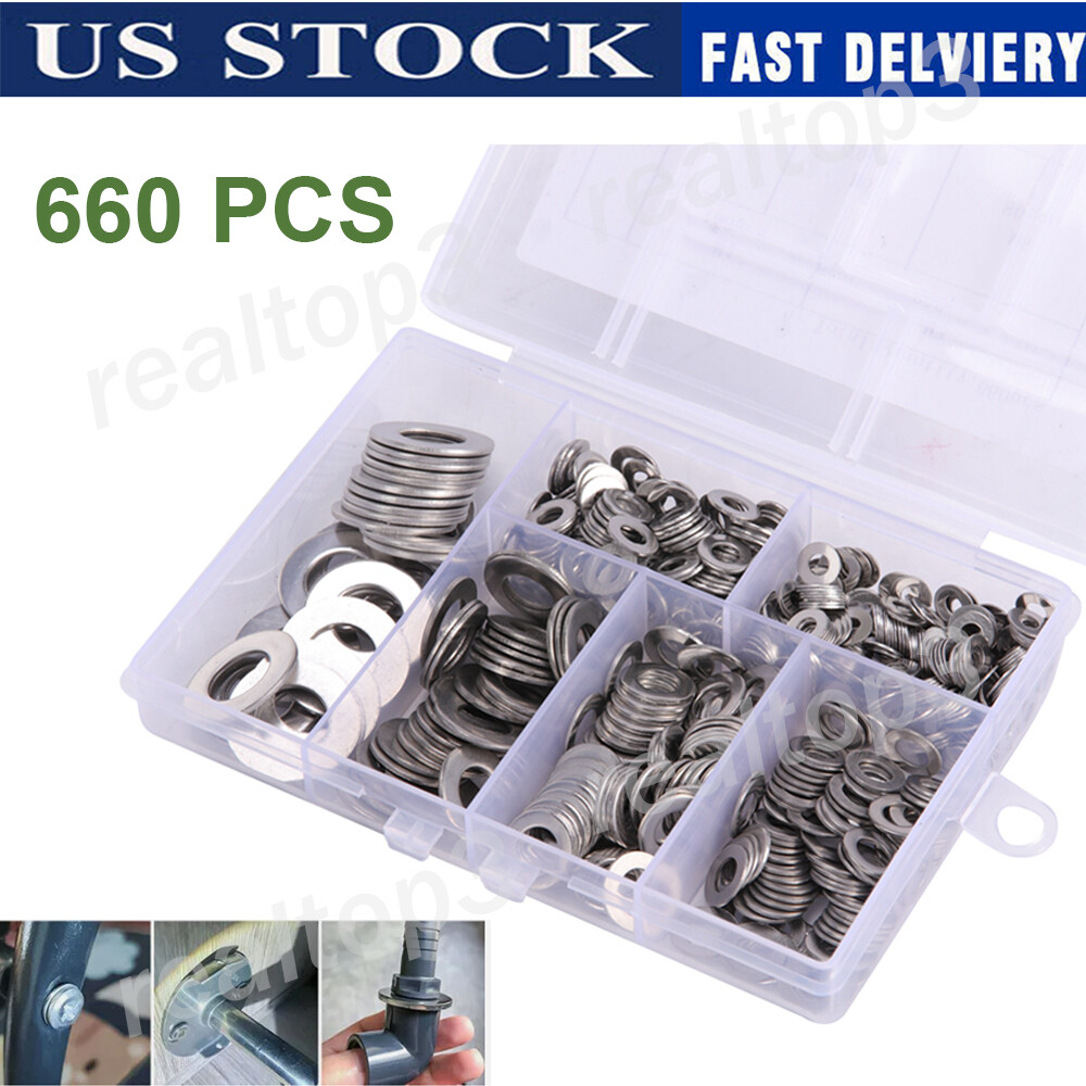 660 Pieces of 304 Stainless Steel Washers Flat Washer Assortment Set Kit 6 Sizes