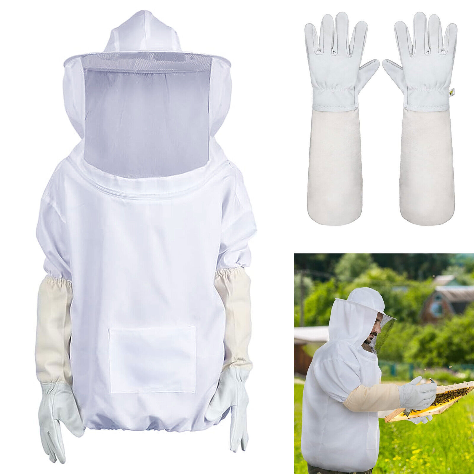 Beekeeping Protective Bee Suit Ventilated Jacket with Long Gloves & Veil Hood