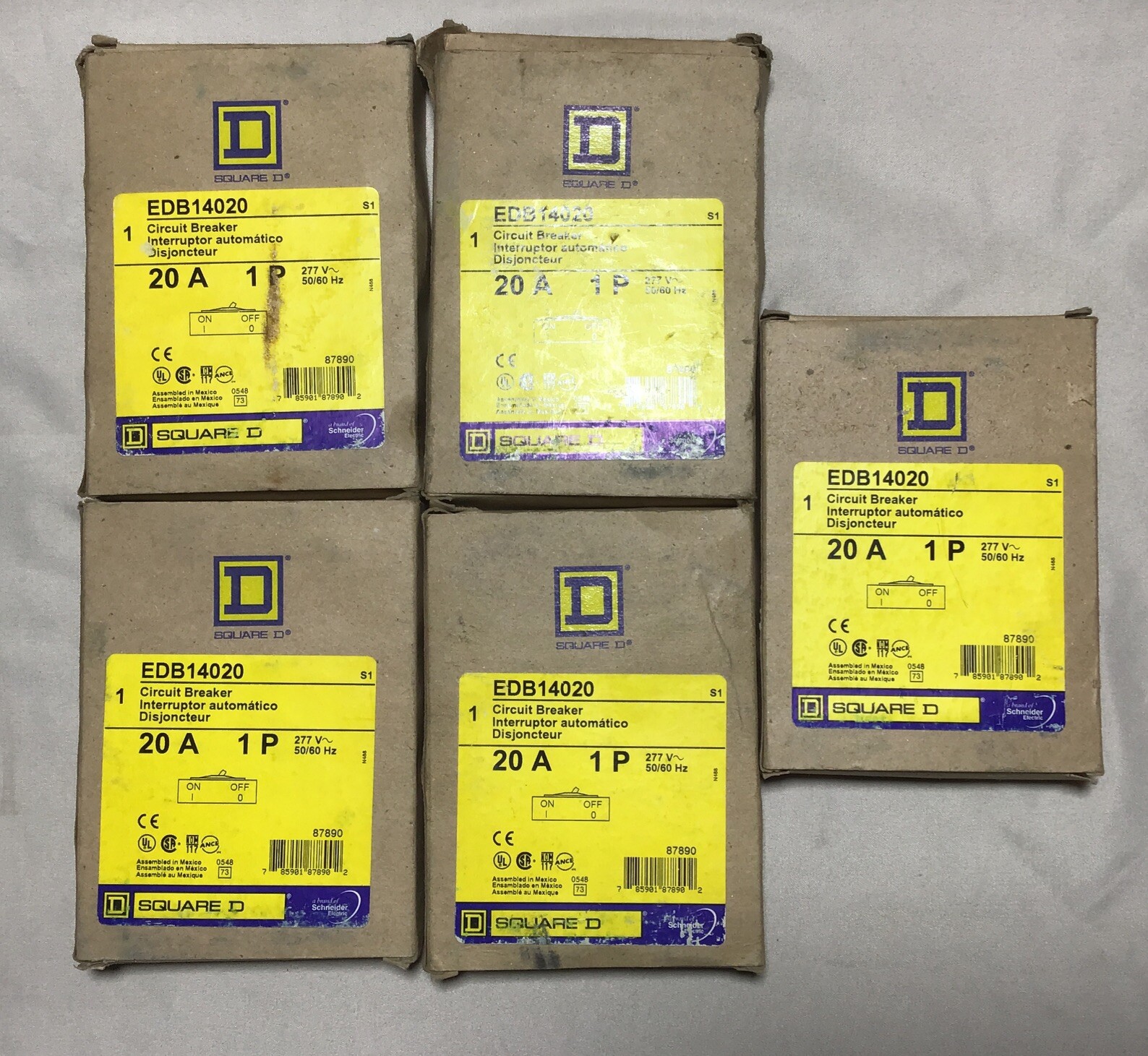 SQUARE D EDB14020, 20 Amp, 277 Volt, 1 Pole, Circuit Breaker [ Lot Of 5]