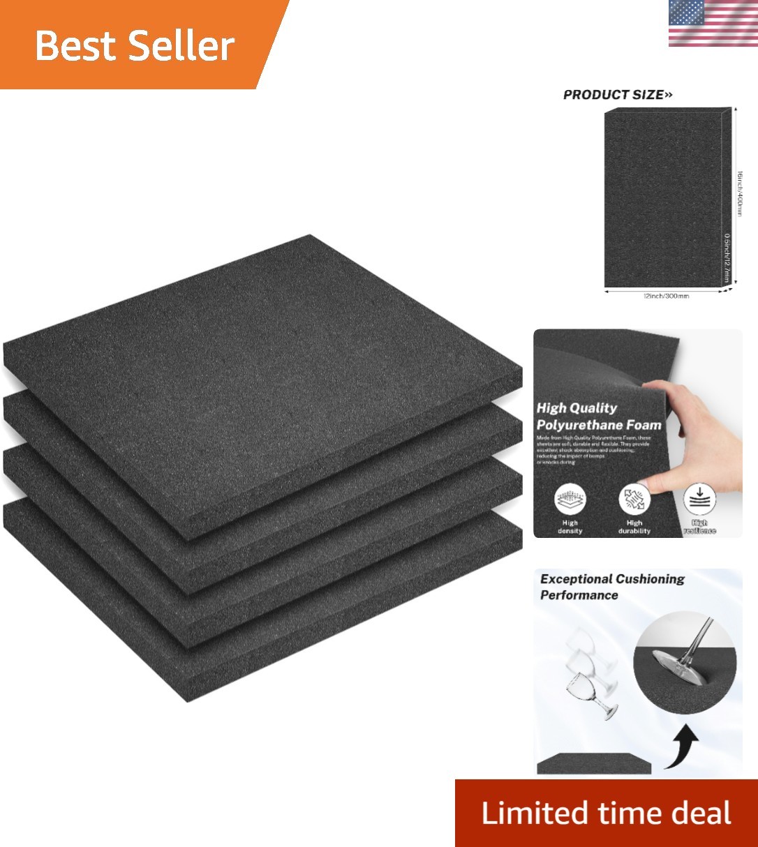 Cuttable Black Packing Foam – 4 PCS 16×12 Inch Sheets, Great for Cameras & More