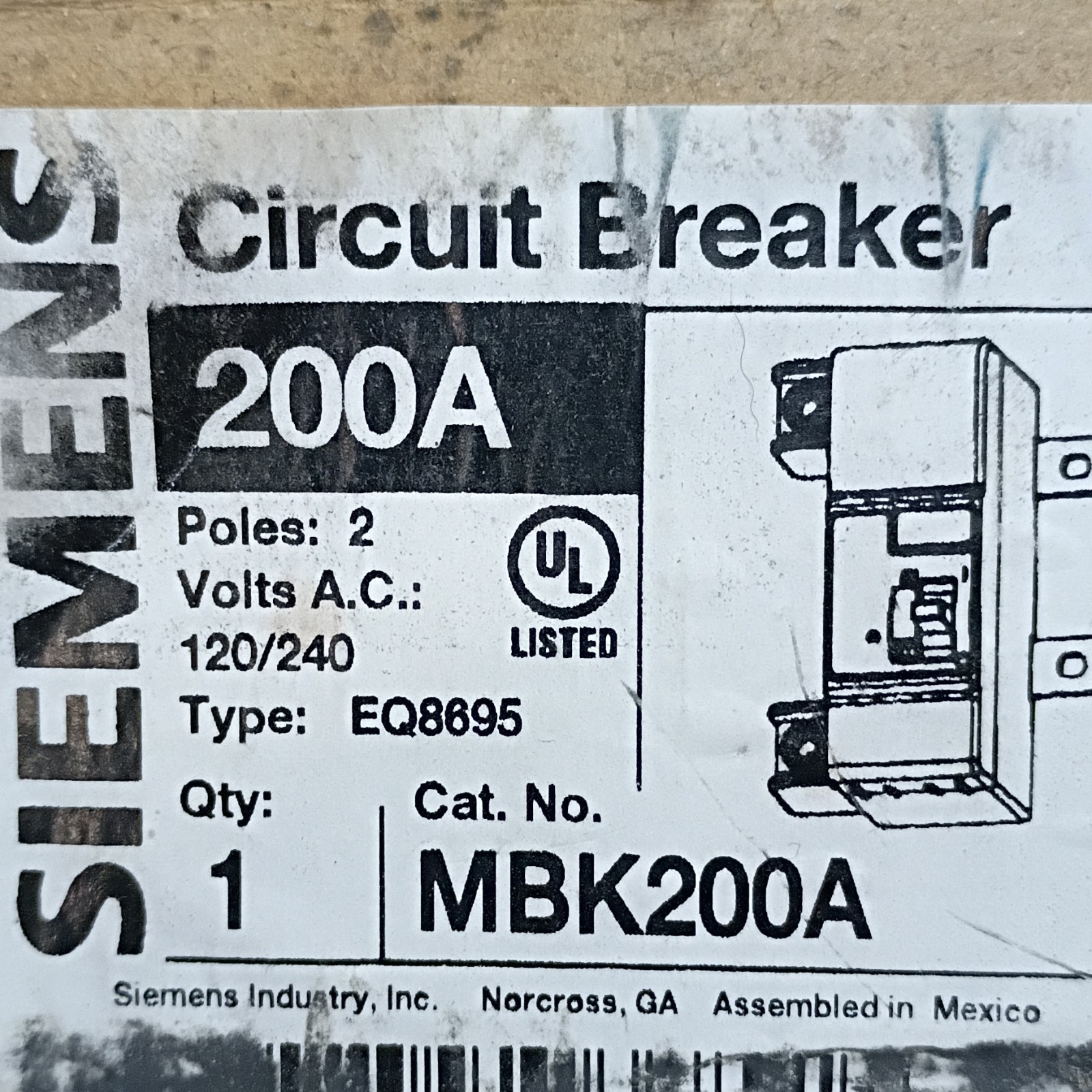Siemens MBK200A 200A Circuit Breaker 2-Pole UL Listed 120/240V AC Type EQ8695