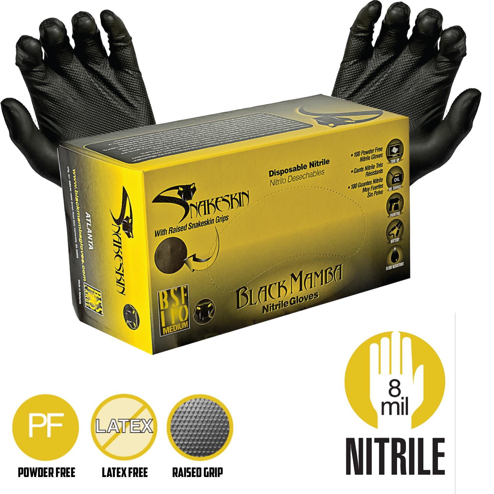 Black Mamba Medium Snakeskin Extra Grip Black Disposable Nitrile Gloves Box X50