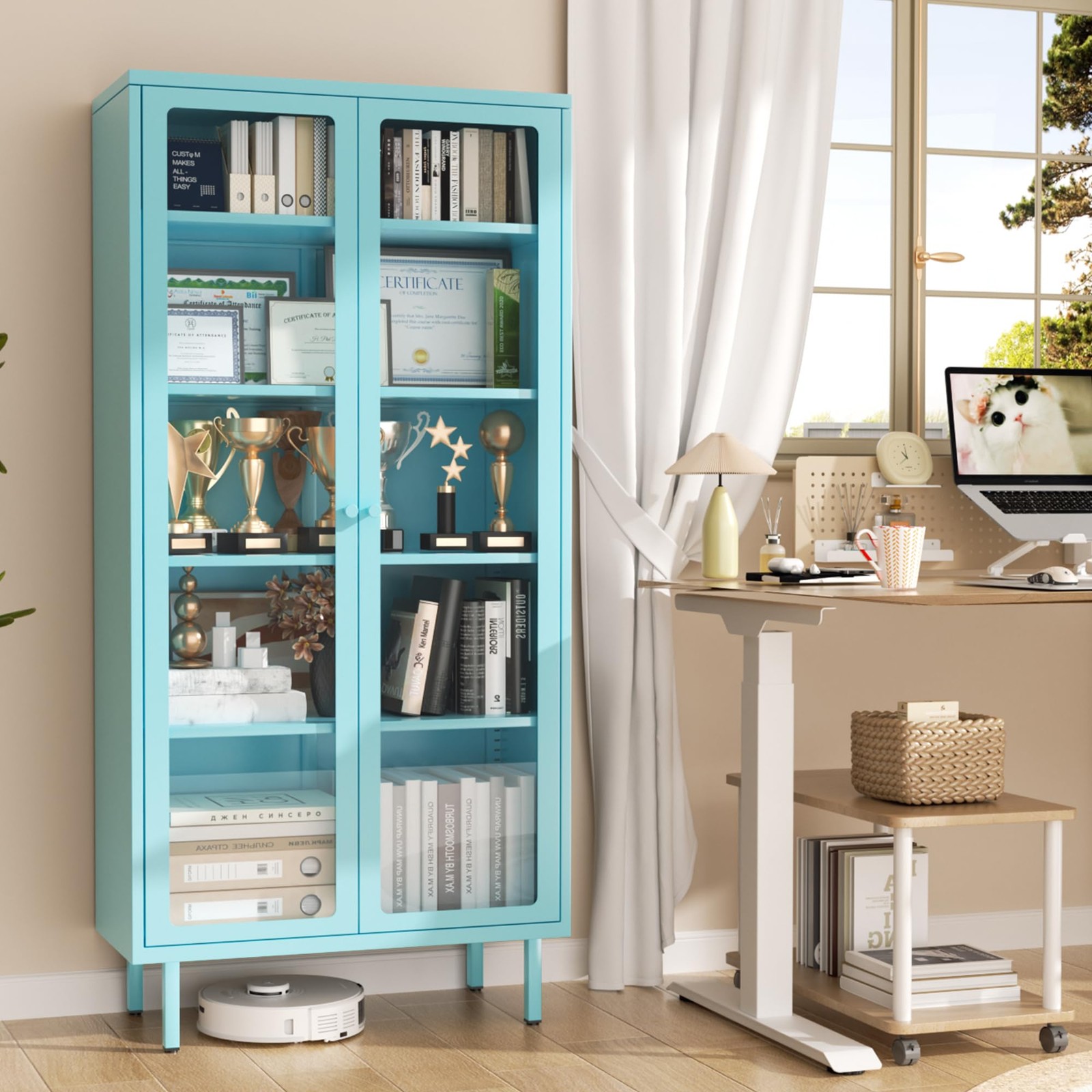 Metal Curio Cabinet Tempered Glass Adjustable Shelves Blue Assembly Required