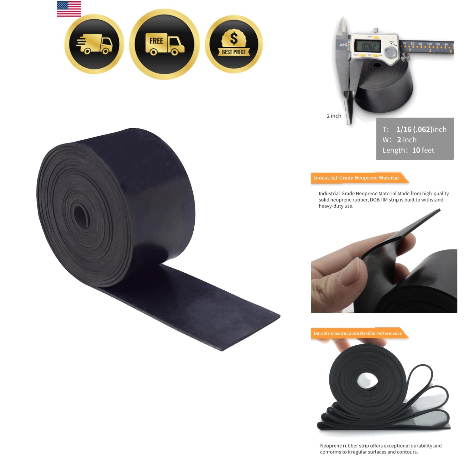 Neoprene Rubber Strips 1/16 .062″ Thick X 2″ Wide X 10’Long, Solid Rubber Rol…