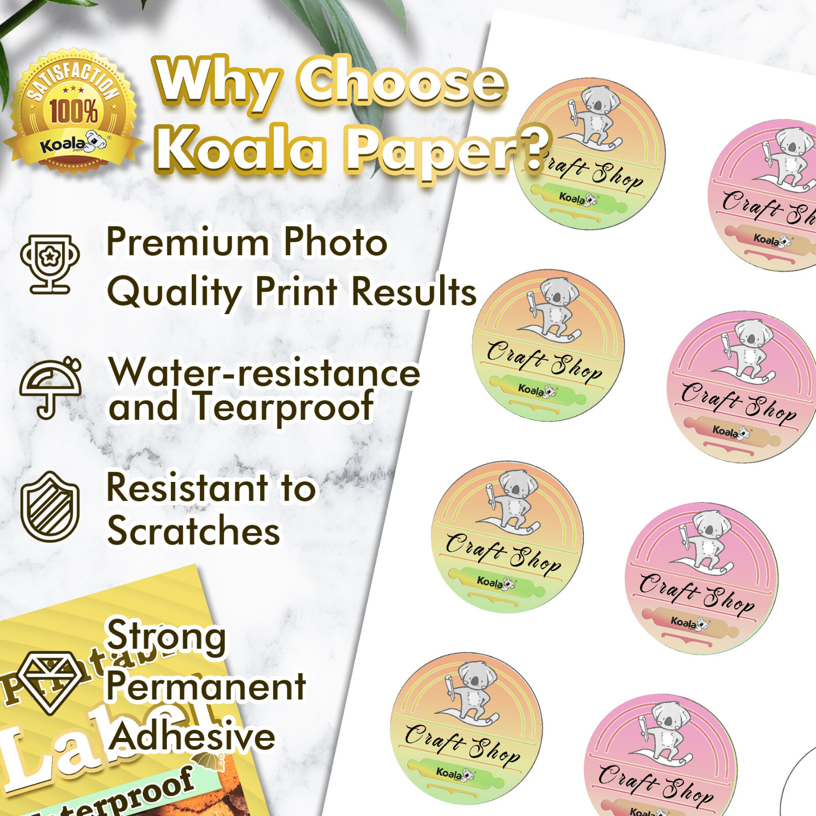 300 Koala Round Label 2 inch Waterproof Printable Cirle Labels for Inkjet Laser
