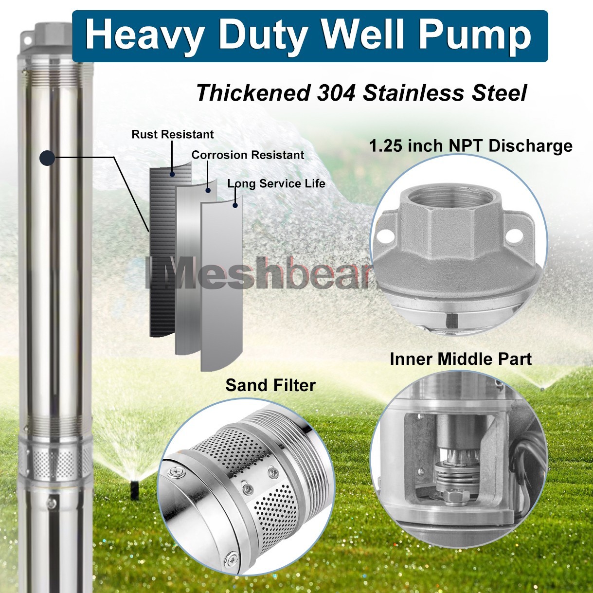 1 HP Deep Well Submersible Pump, 4″ , 207 ft Max 220V 33GPM 2000GPH 33ft Cord