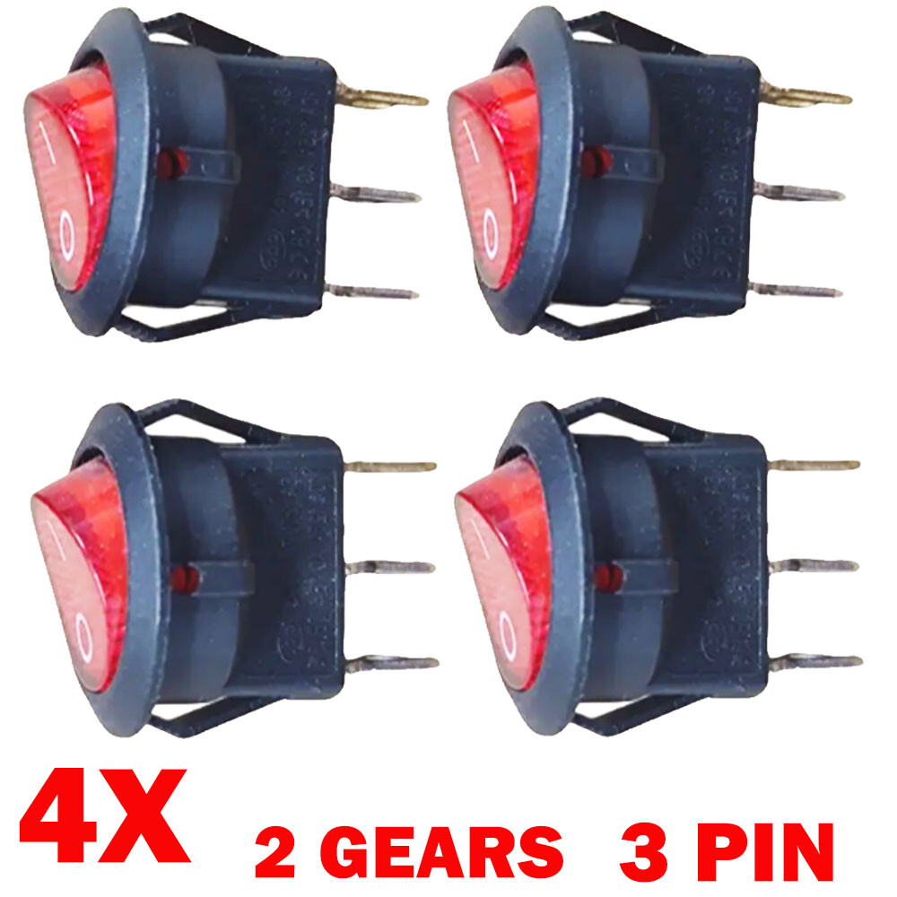 4Pack For SPST 3 Pin ON/OFF Round Rocker Switch With Red Neon Lamp 10A/125VAC