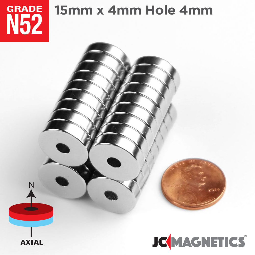 15mm x 4mm Hole 4mm N52 Strong Ring Disc Rare Earth Neodymium Craft Magnet N52