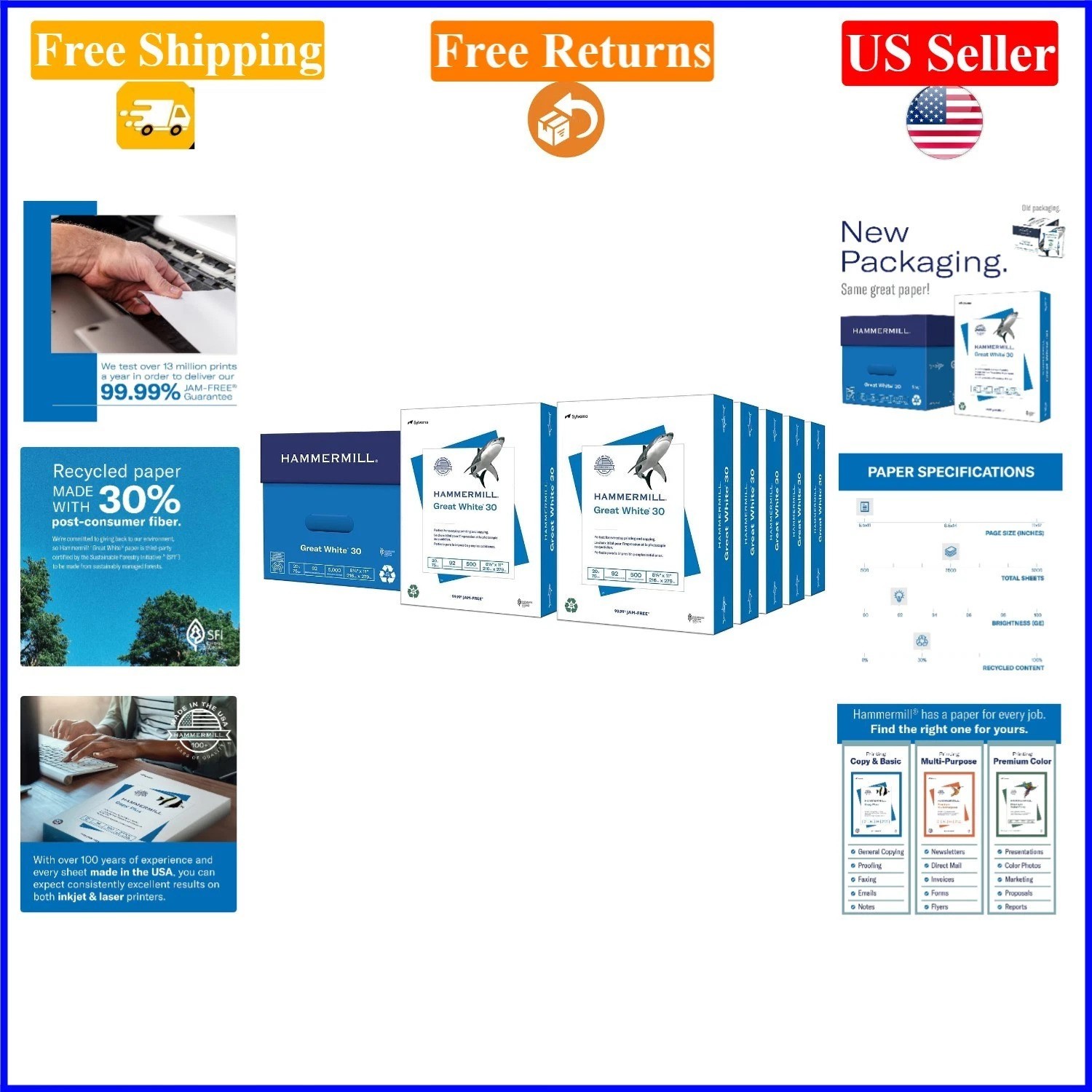 Great White 8.5 x 11 Recycled Printer Paper, 10 Reams, 92 Bright, Made in USA