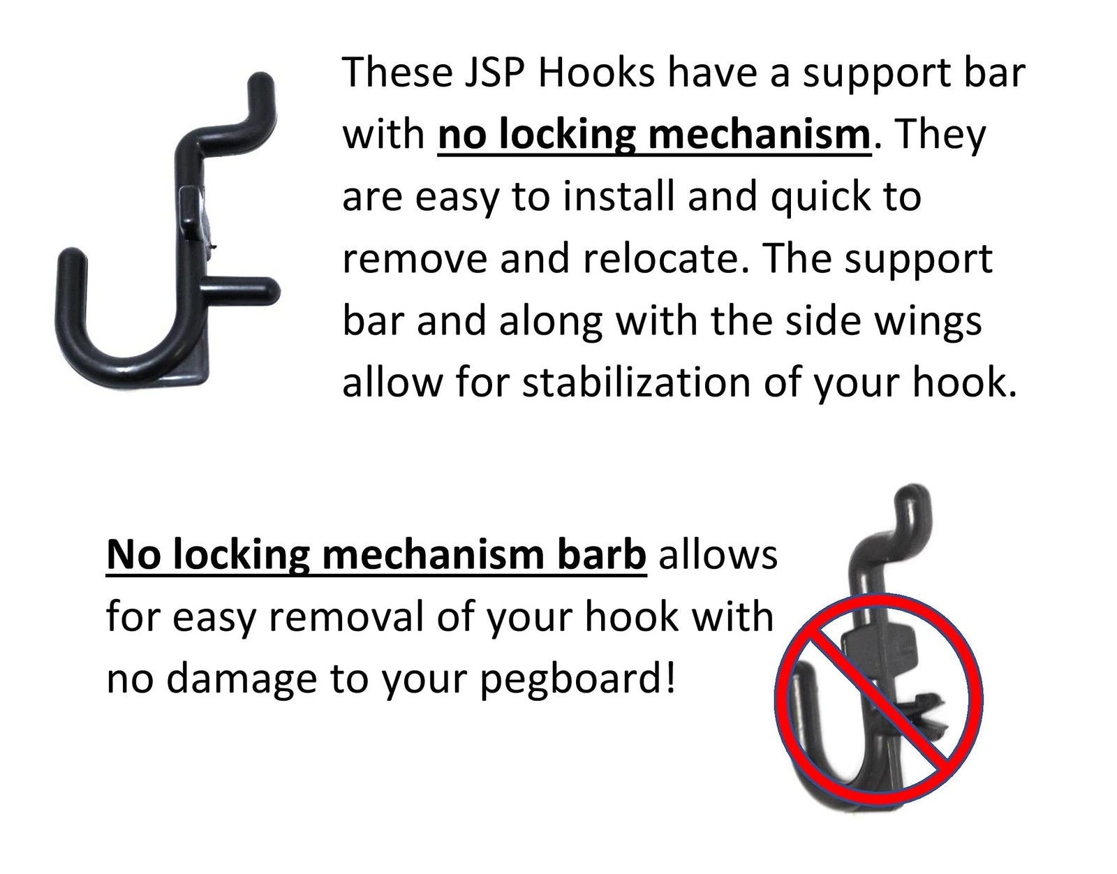 JSP Manufacturing Peg Board Non-Locking Plastic J Hook Style Hooks | White
