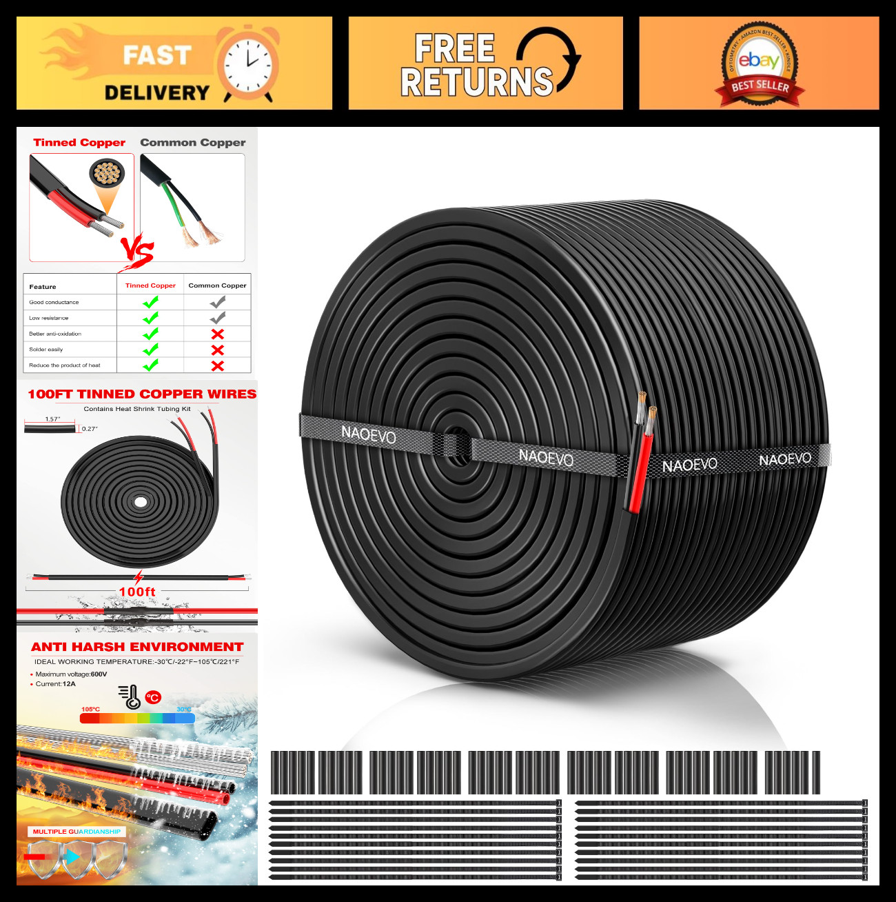 18 Gauge Tinned Copper Wire 100FT | PVC Insulated 12V Low Voltage, Flexible 18 A