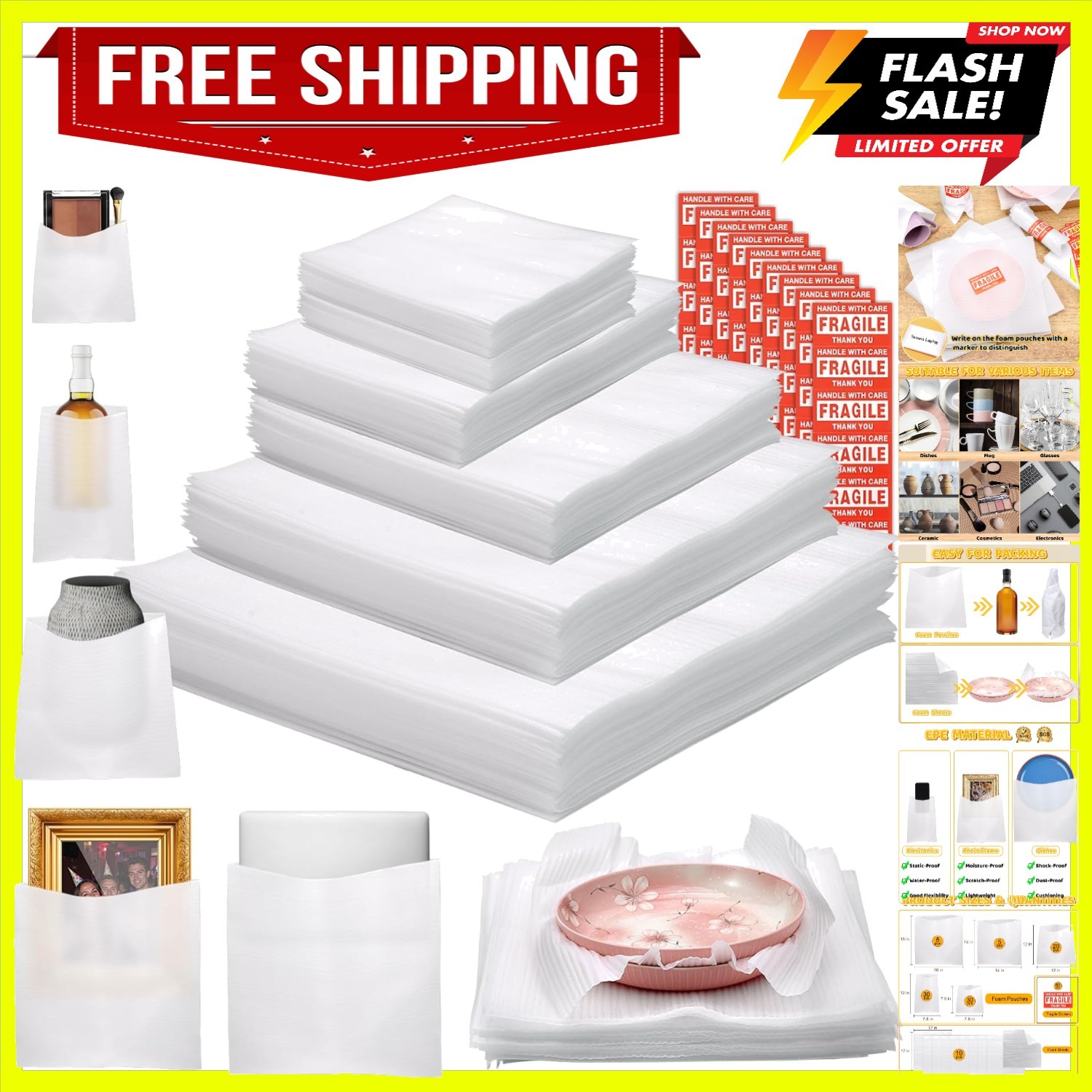 Ultimate 160 Pcs Foam Pouch Set – Protect Dishes & Glasses with Fragile Stickers