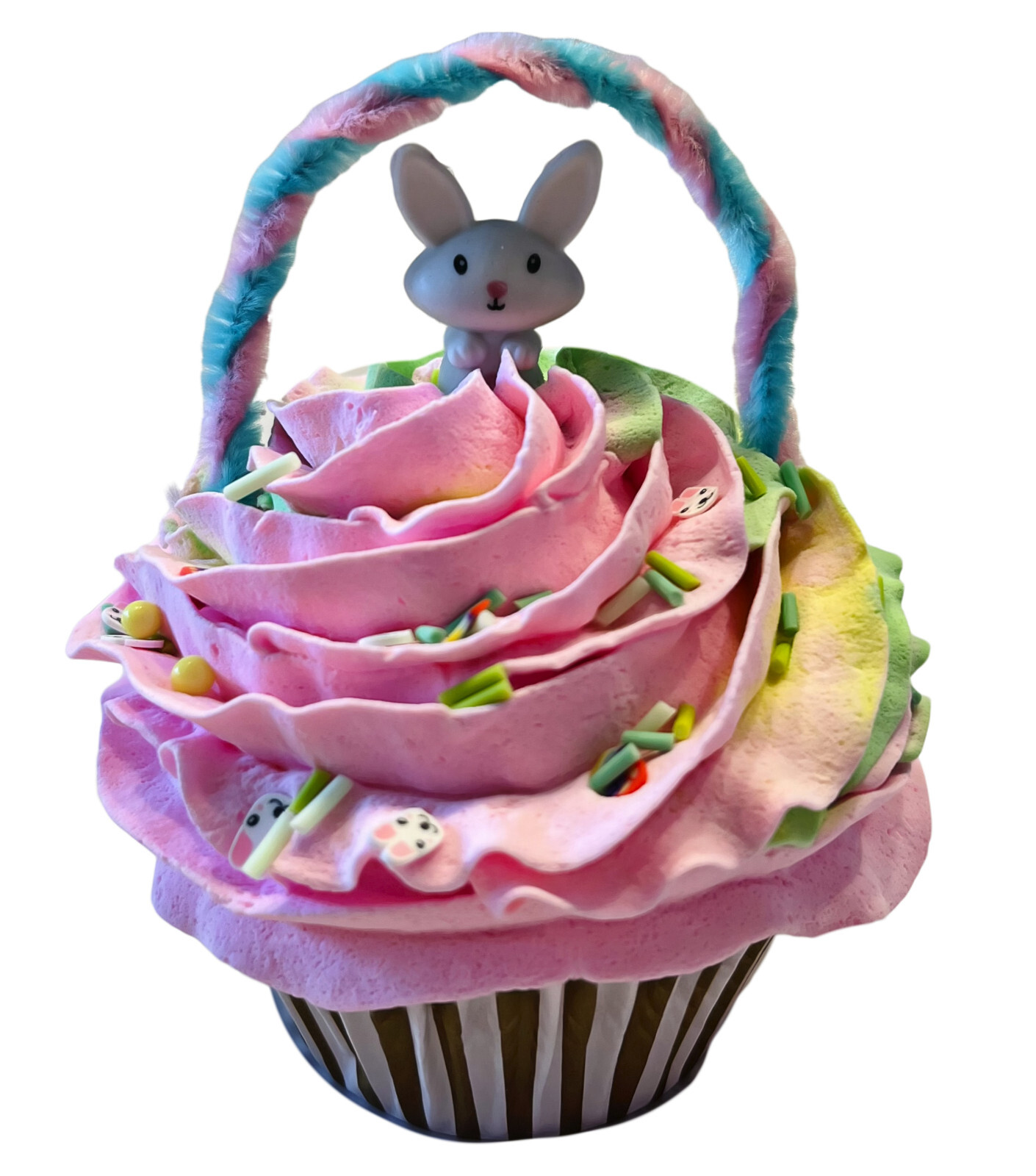 DEZICAKES Fake Cupcake Easter Bunny Basket Yellow Pink Green Easter Cupcake