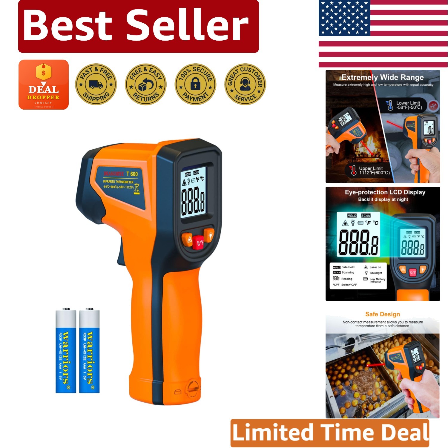 Fast Read 0.5s Laser Thermometer Non-Contact IR -58℉ to 1112℉ for Cooking & HVAC