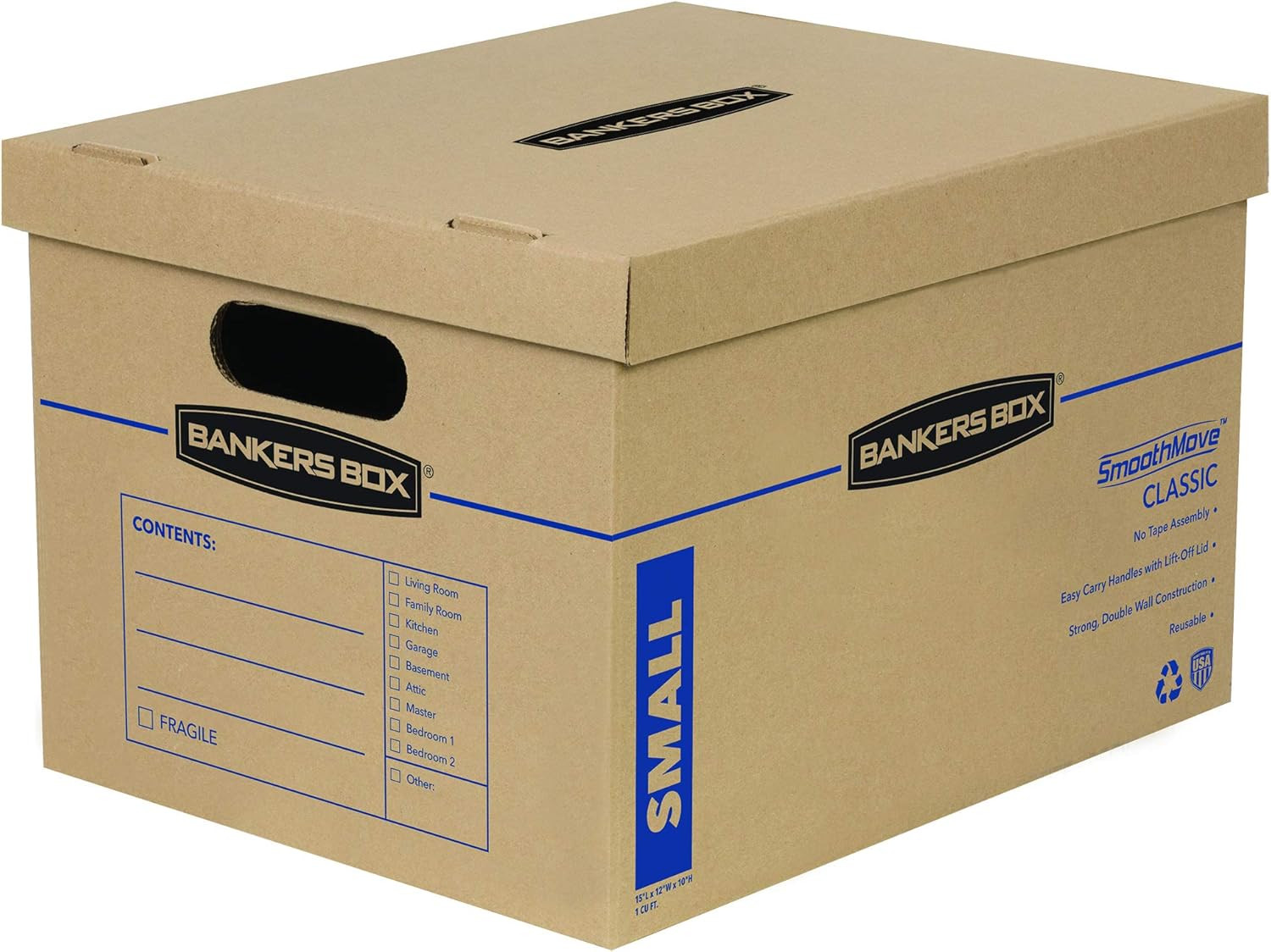 Small Classic Moving Box 5 Pack, Reinforced Handles, Tape-Free Assembly, Box wit