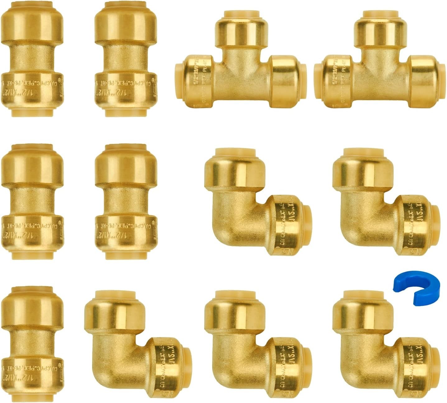 1/2″ Push to Connect PEX Fittings Set Coupling Elbow Tee Brass 12PCS