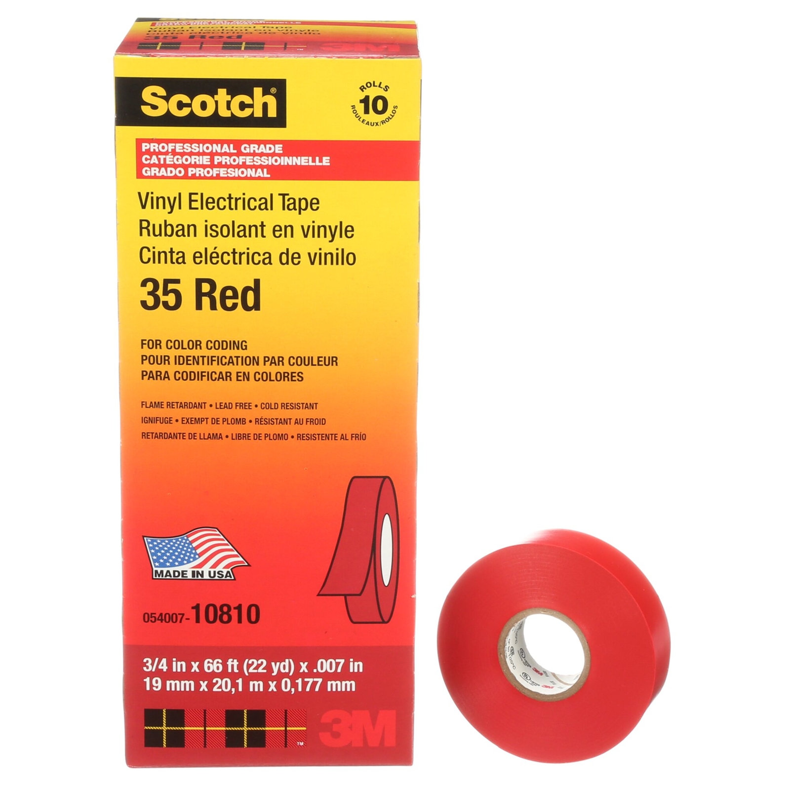 Scotch® Vinyl Color Coding Electrical Tape 35, 3/4 in x 66 ft, Red