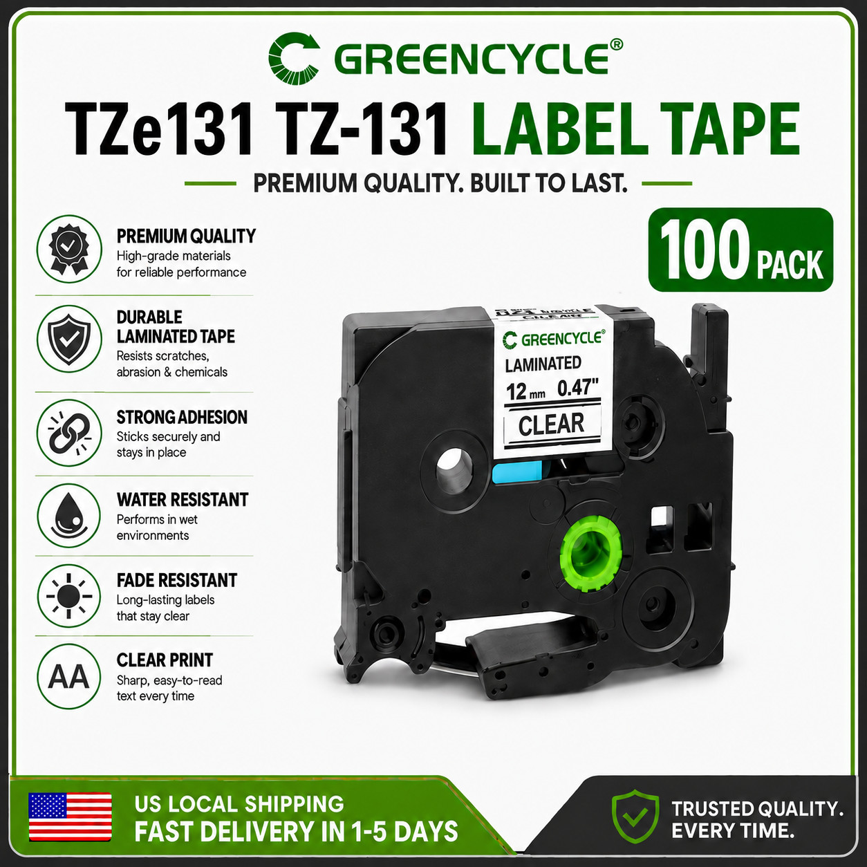 GREENCYCLE 100PK Compatible for TZ131 AZE131 1/2″Black on Clear Tape For Brother