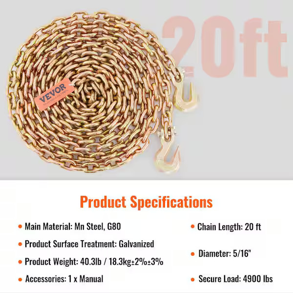 Transport Binder Chain 4,900 lbs. Load Capacity G80 Tow Chain 5/16 in. x 20 ft.