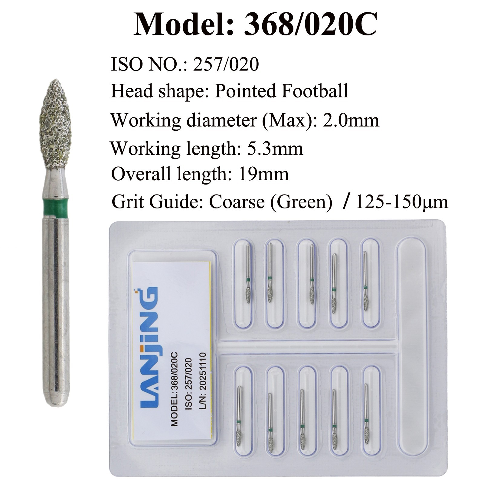 Dental Football Diamond Bur 368/023C 023F 020C 020F Fine Coarse FG Burs Burr Red