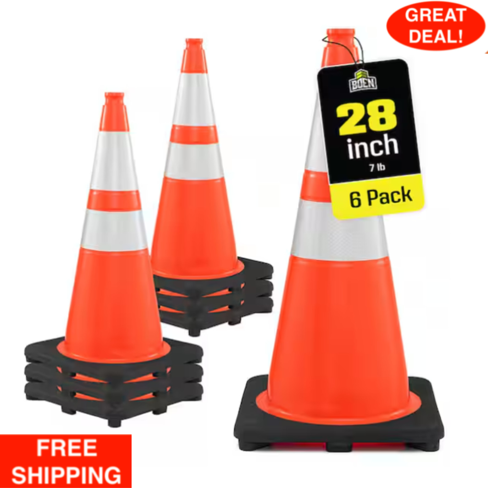 28 in. H Orange PVC Reflective Traffic Safety Cones W/ Black Base (6-Pack)