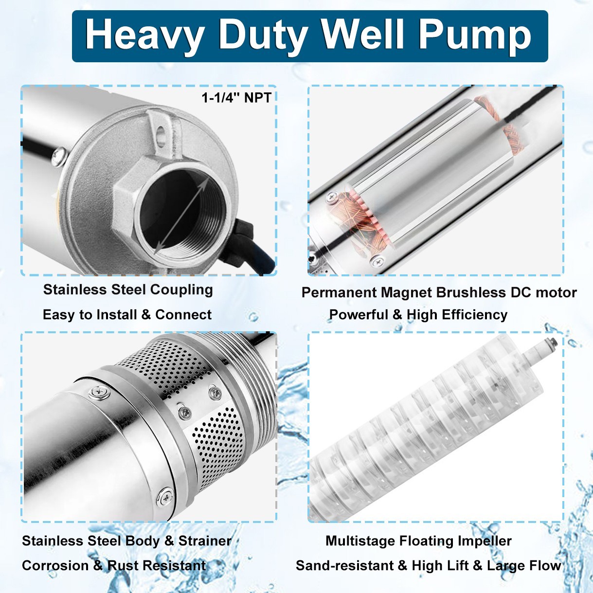 1 HP Deep Well Submersible Pump, 4″ , 207 ft Max 220V 33GPM 2000GPH 33ft Cord