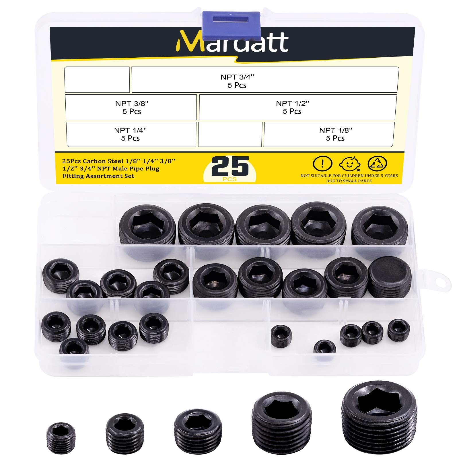 1/8 1/4 3/8 1/2 3/4 NPT Pipe Plug Assortment 25Pcs Steel