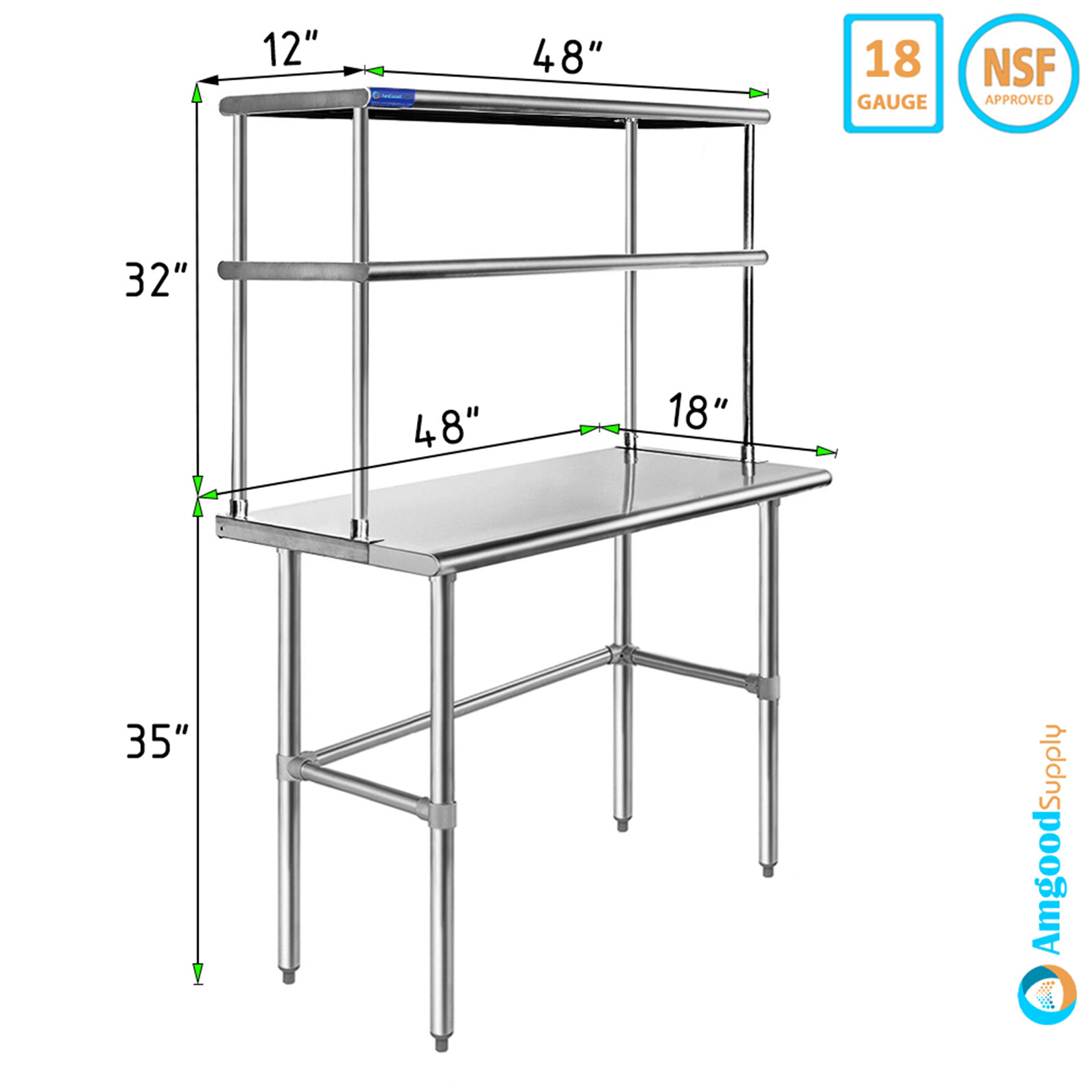18″ x 48″ Stainless Steel Open Base Table With 12″ Wide Double Tier Overshelf