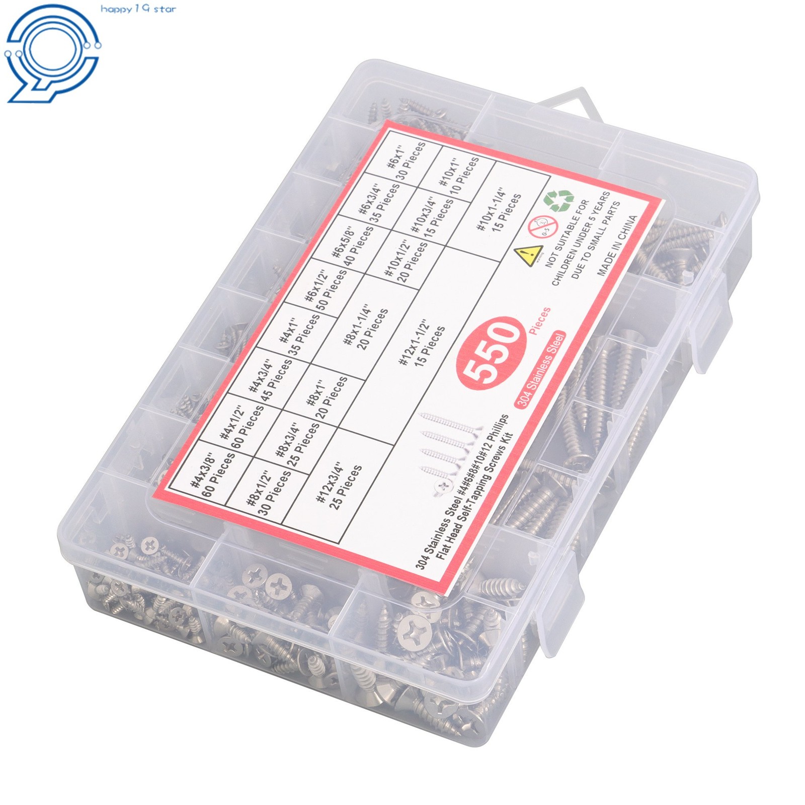 Phillips Flat Head Sheet Metal Screws, 550Piece 304 Stainless Steel Assortment
