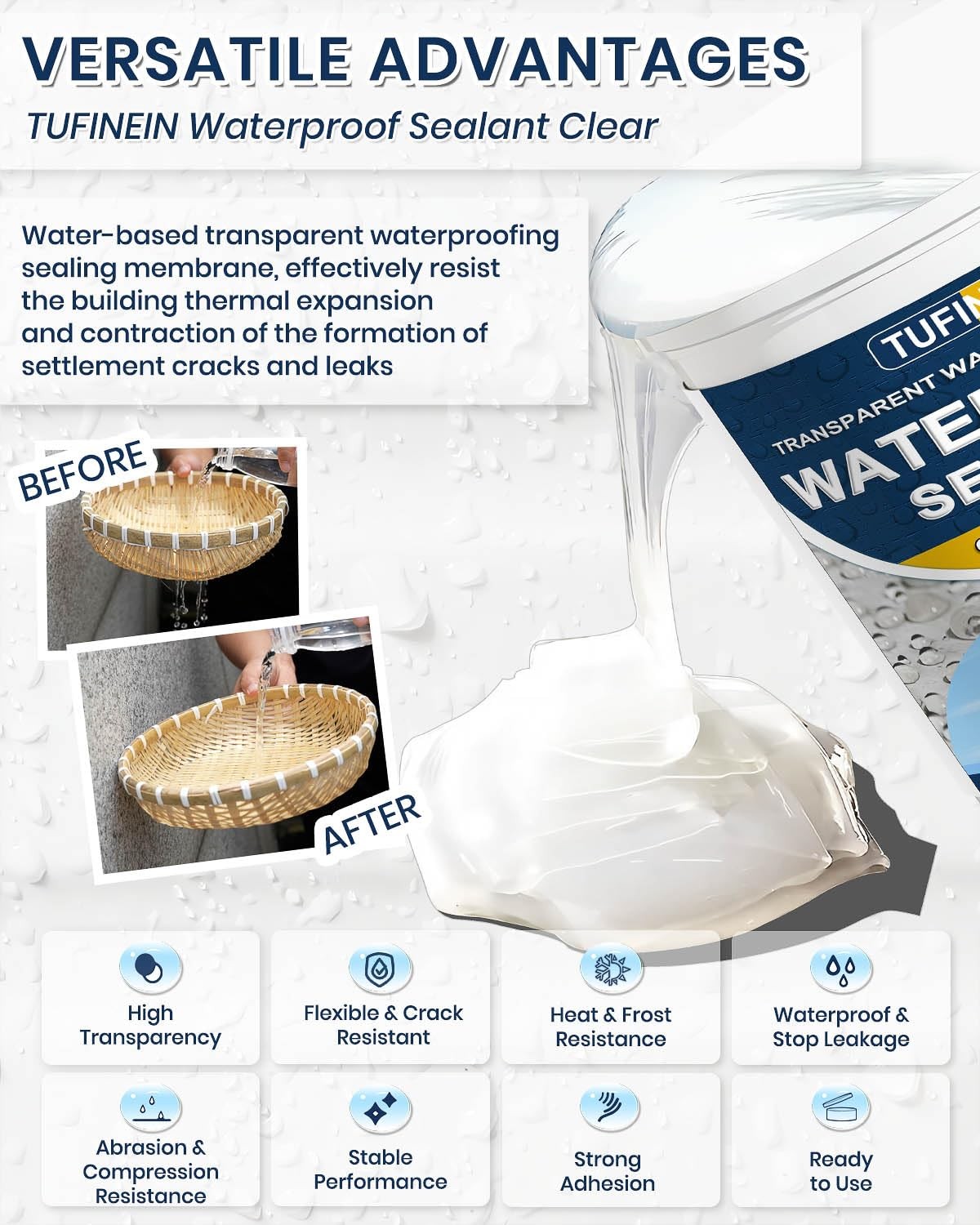 Waterproof Sealant 17.6oz Clear TUFINEIN Transparent Coating Water-Based Agent