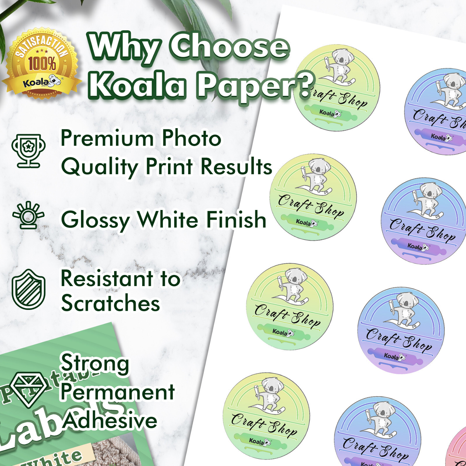 Koala Printable Round Label 2 Inch Waterproof Round Sticker Paper Inkjet Laser
