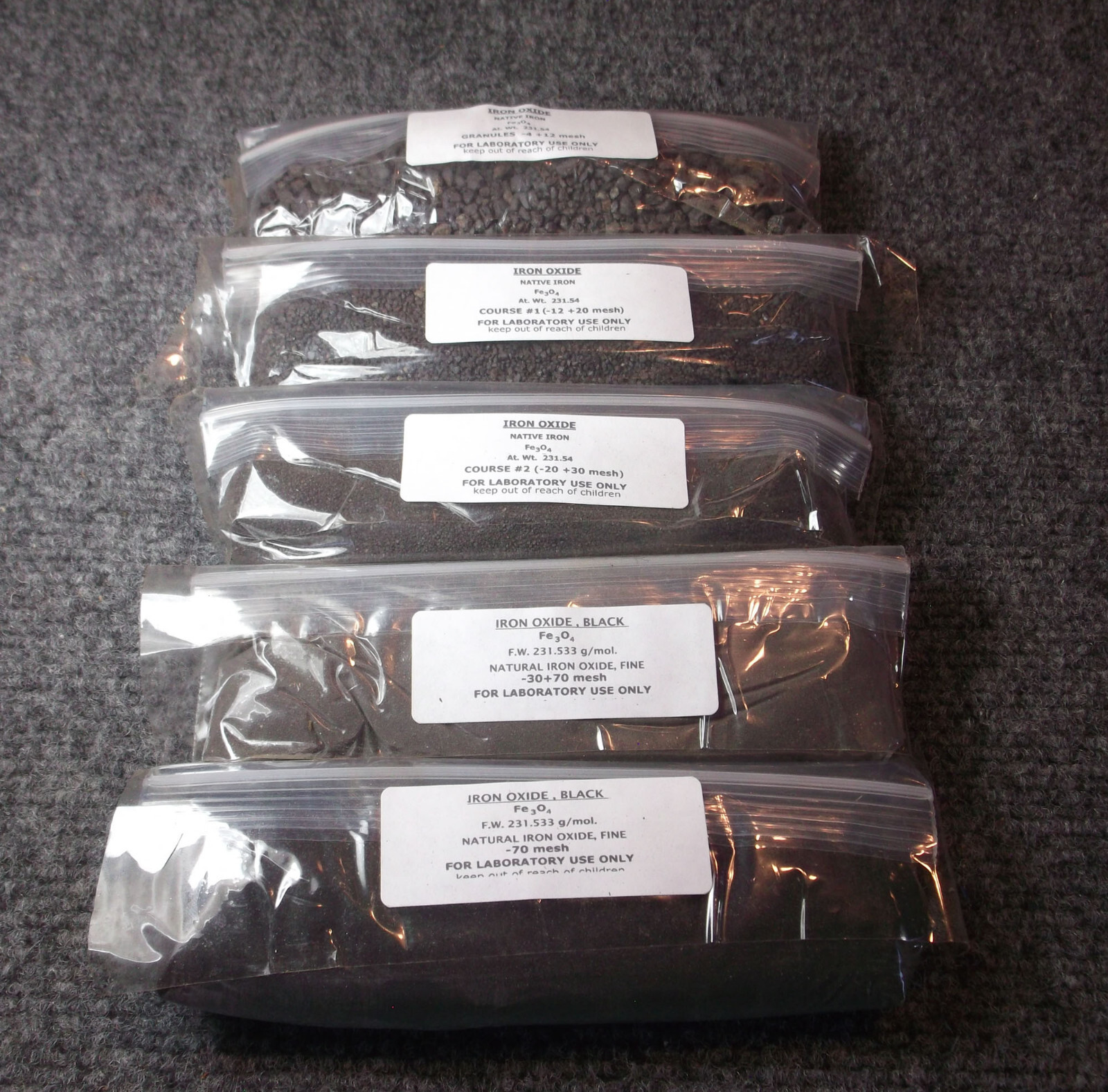 IRON OXIDE POWDER 5 Pounds Native Iron, 5 assorted mesh sizes, 1# each