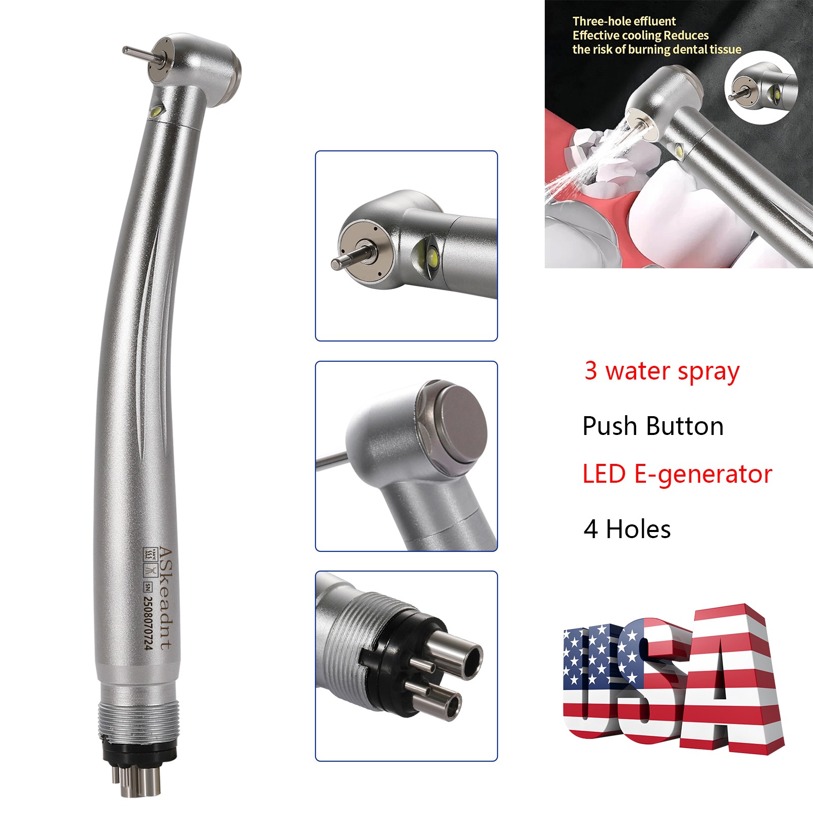 1/5/10Pcs Dental Fiber Optic LED E-generator Handpiece Triple Water Spray