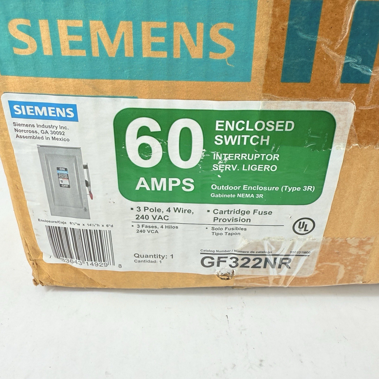 GF322NR SIEMENS SAFETY SWITCH,3P/4W,FUSIBLE, 60A,240V,TYPE VBIII,NEMA 3R OUTDOOR