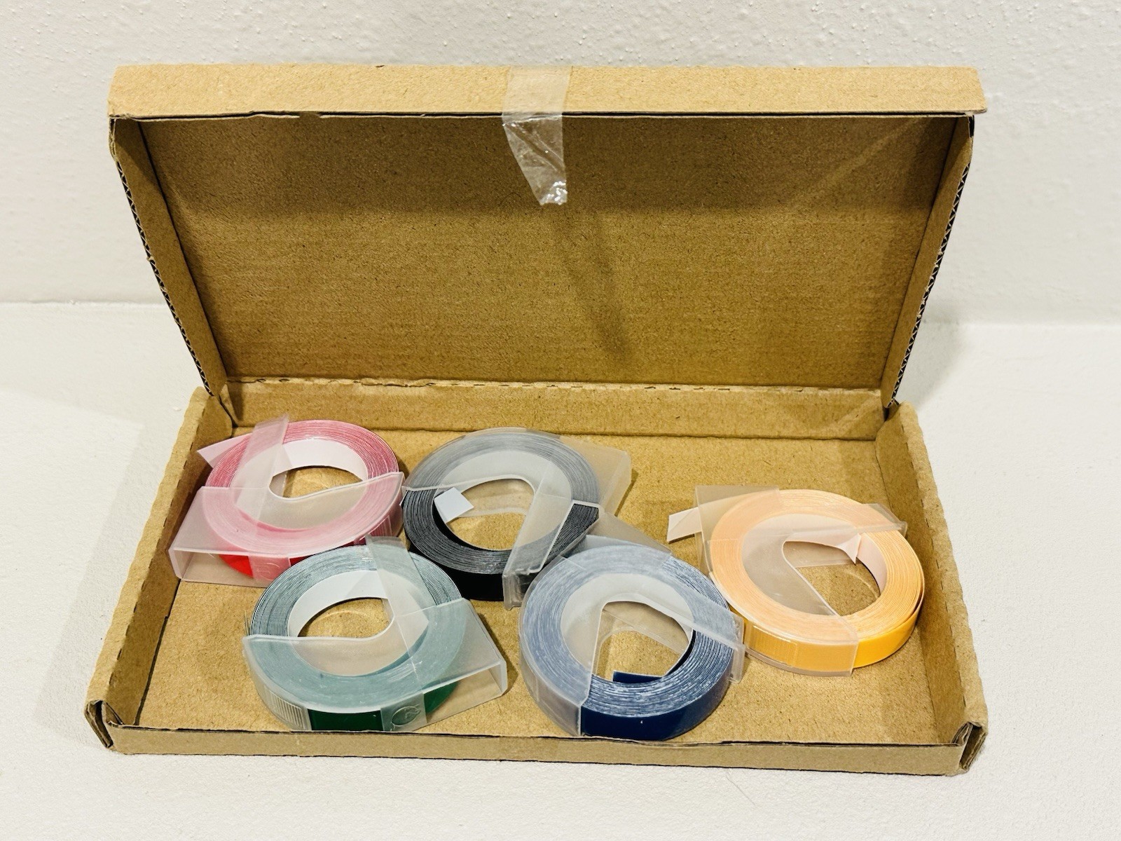 5PK Embossing Label Tape. 3/8 Inch. White On Black/Red/Blue/Yellow/Green