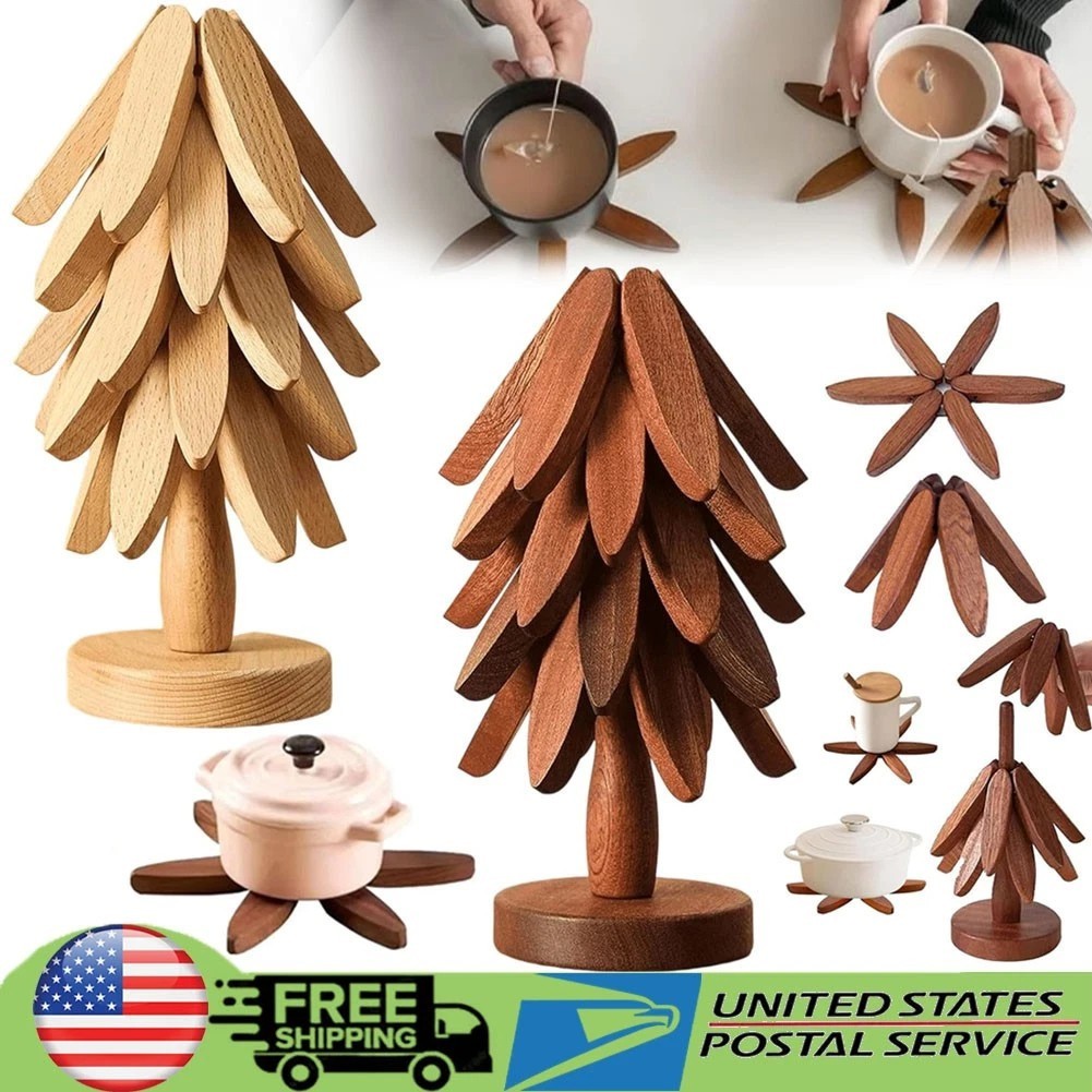 AU Wooden Tree Trivet Set Natural Hardwood Coasters With Leaf Texture Foldable